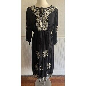 Women's Long Sleeve Midi Dress Kaftan Embroidered Boho Ethnic Black White Large